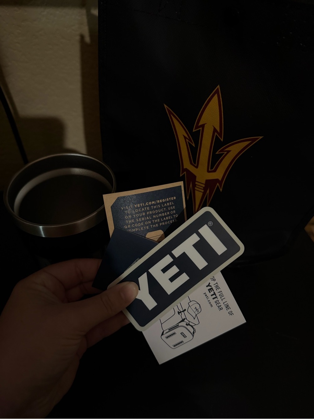 NWT ASU YETI Black Tumbler with Gold Pitchfork Tote Accents - Picture 3 of 3